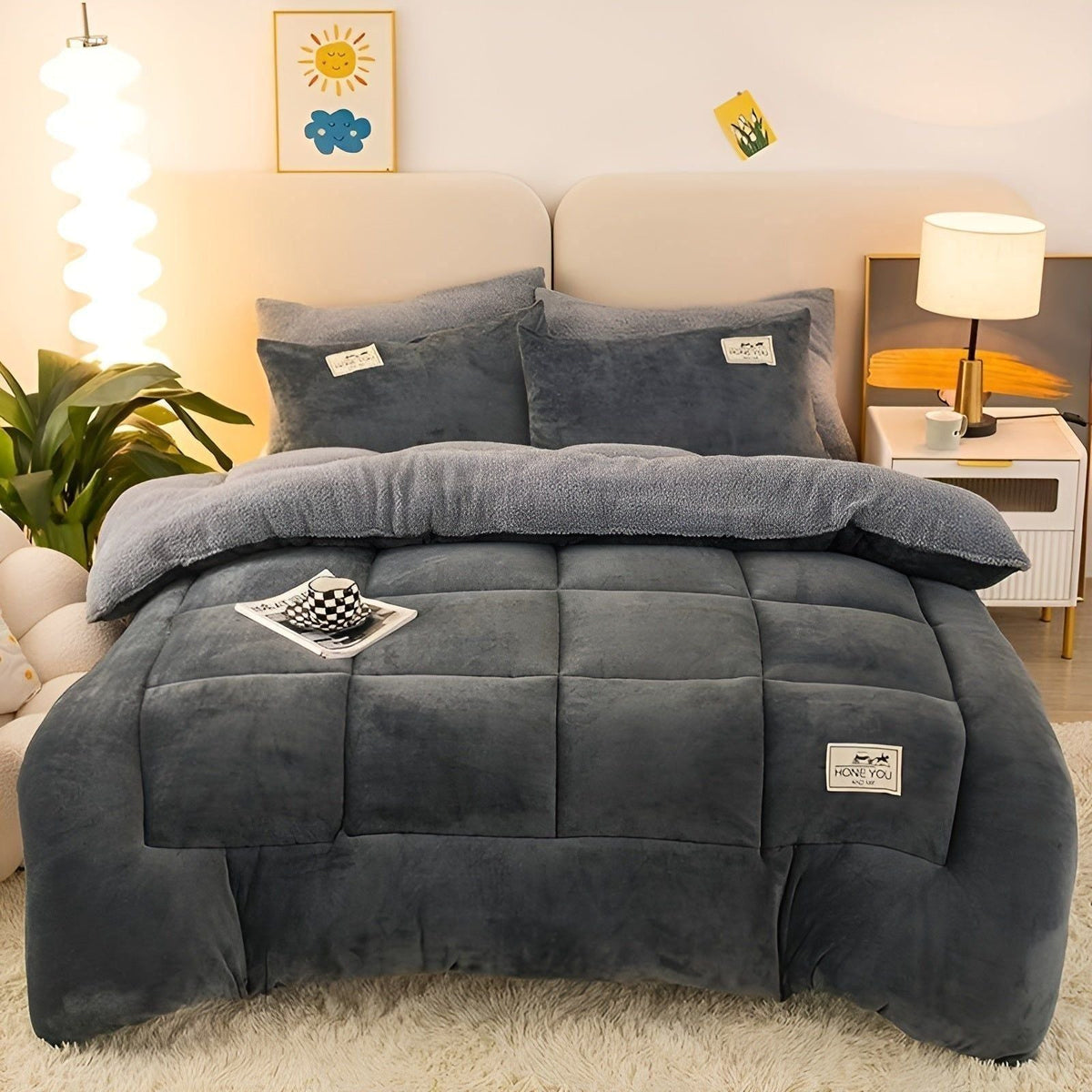 FleeceCozy Blanket - Warmes Gestepptes Sherpa-Fleece-Decke - Dunkelgrau / 150x200cm - Decke