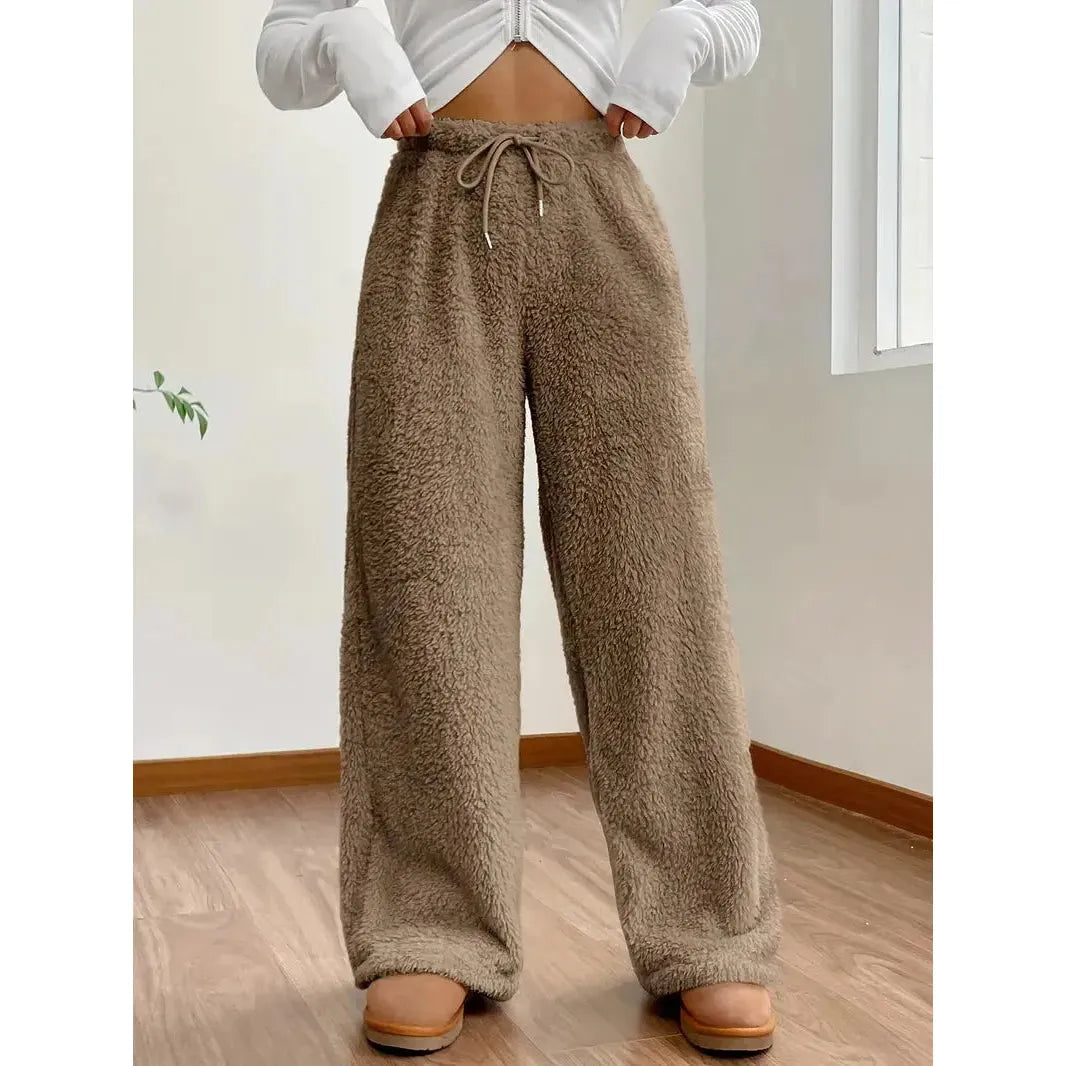 Freya Pants - Warme und bequeme Teddybär-Hose mit weitem Bein - Khaki / S - Damenmode
