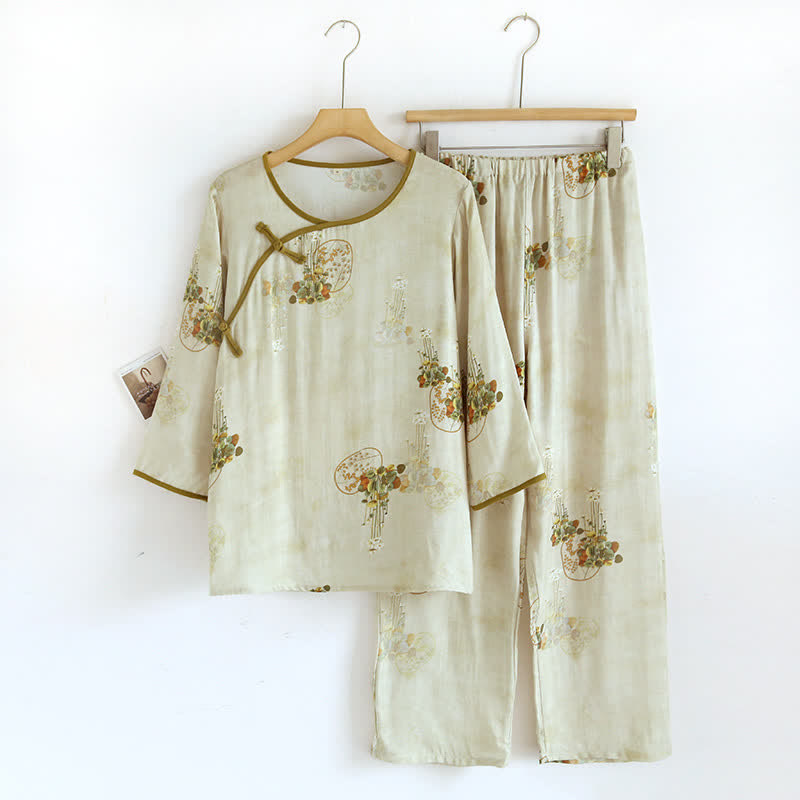 Geblümter Bambus-Pyjama Damen – weiches Retro-Set - Grün / M - Loungewear