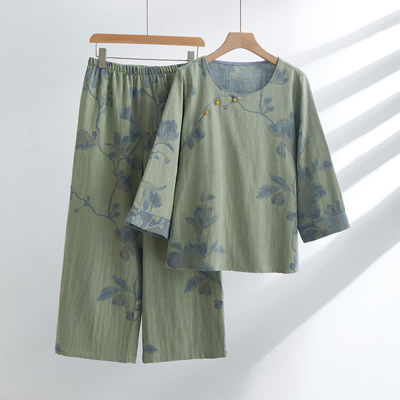 Geblümtes Loungewear Set aus Baumwolle mit Rundhalsausschnitt - Grün / M - Loungewear