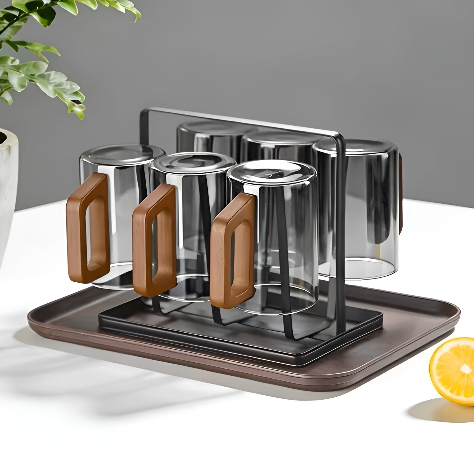 Glasbecher-Set mit Holzgriff – Hitzebeständig und Stilvoll | Perfekt für Tee Wasser und Gästebewirtung - Rauchgrau 6x