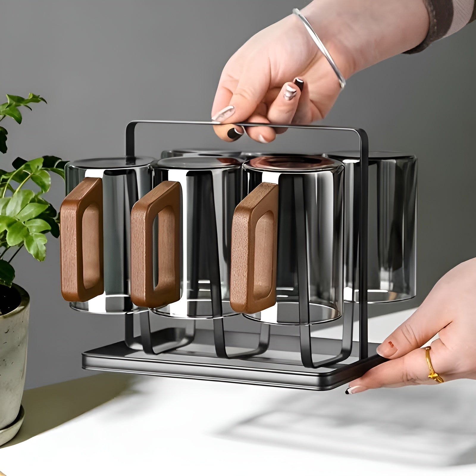 Glasbecher-Set mit Holzgriff – Hitzebeständig und Stilvoll | Perfekt für Tee Wasser und Gästebewirtung - Glasbecher-Set