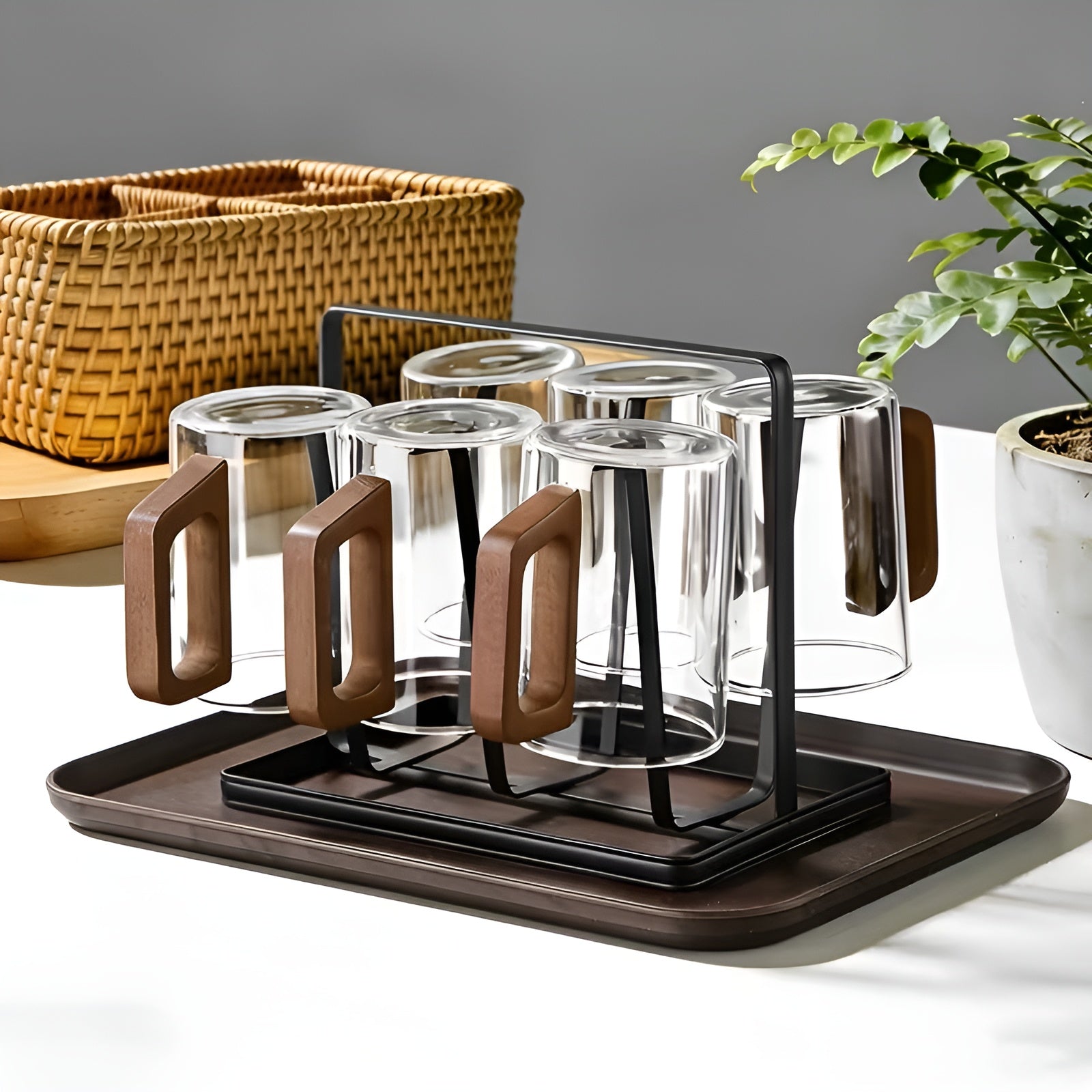Glasbecher-Set mit Holzgriff – Hitzebeständig und Stilvoll | Perfekt für Tee Wasser und Gästebewirtung - Transparent 6x