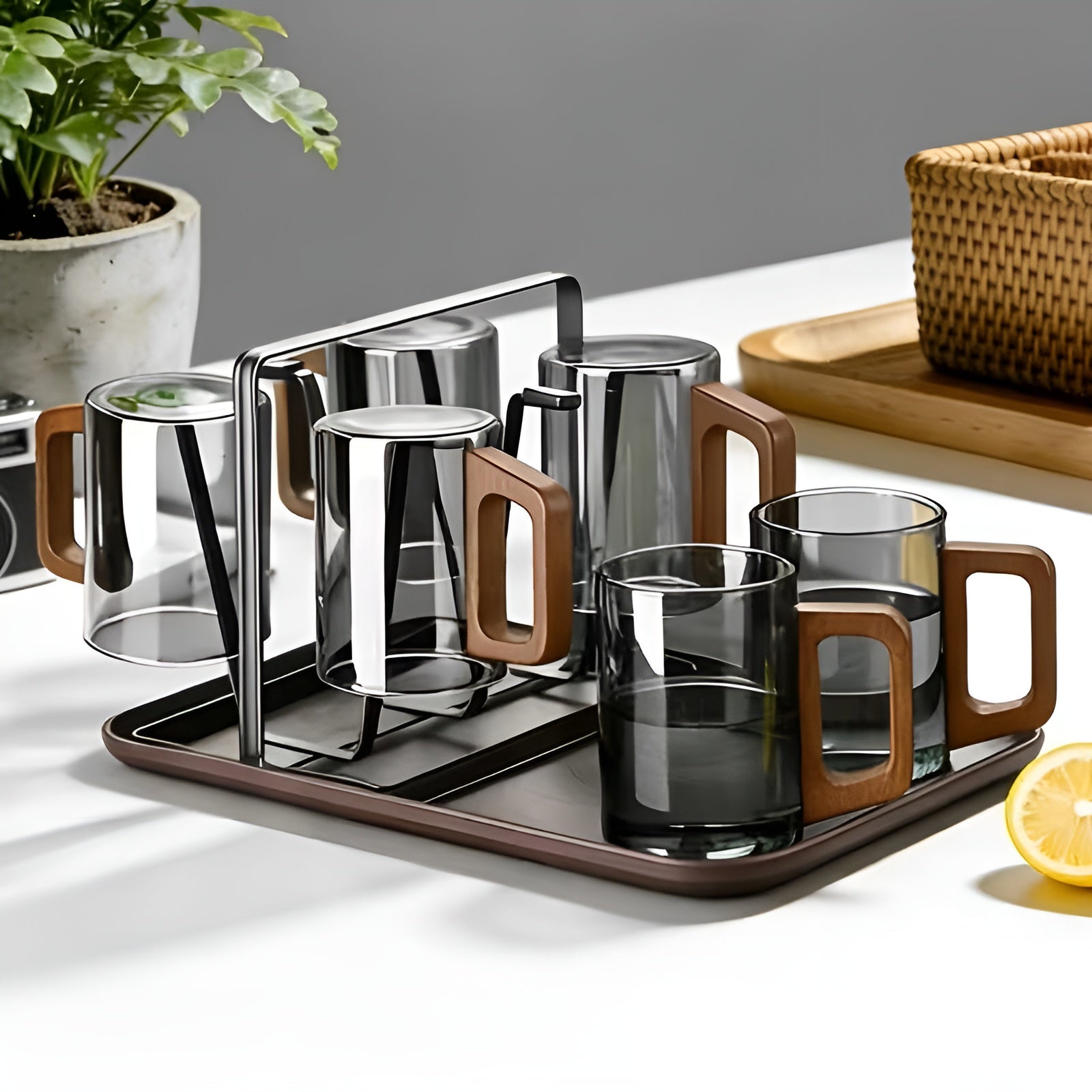 Glasbecher-Set mit Holzgriff – Hitzebeständig und Stilvoll | Perfekt für Tee Wasser und Gästebewirtung - Glasbecher-Set