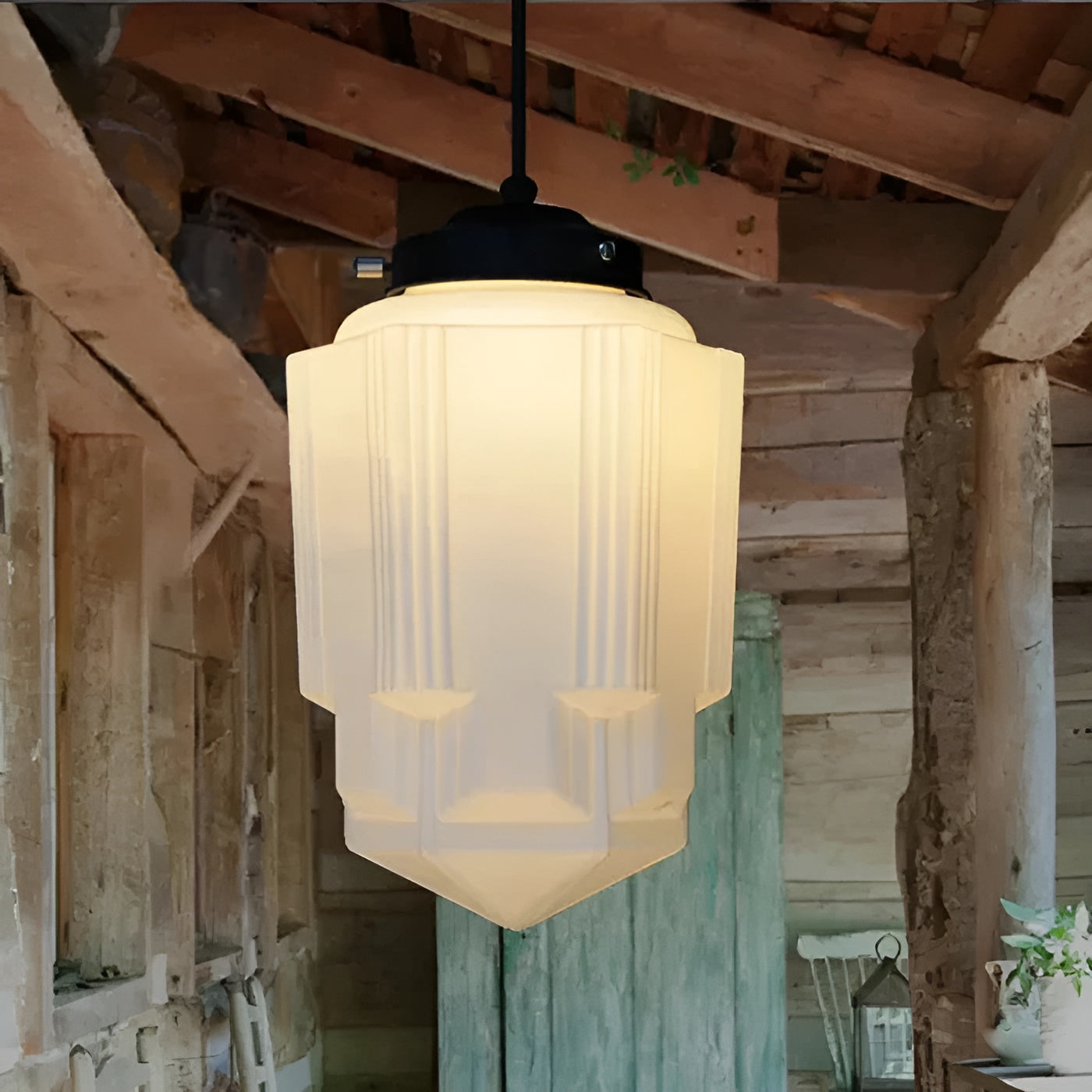 Hängelampe aus Milchglas – Vintage Design mit Geometrischem Glas - A - Pendelleuchte