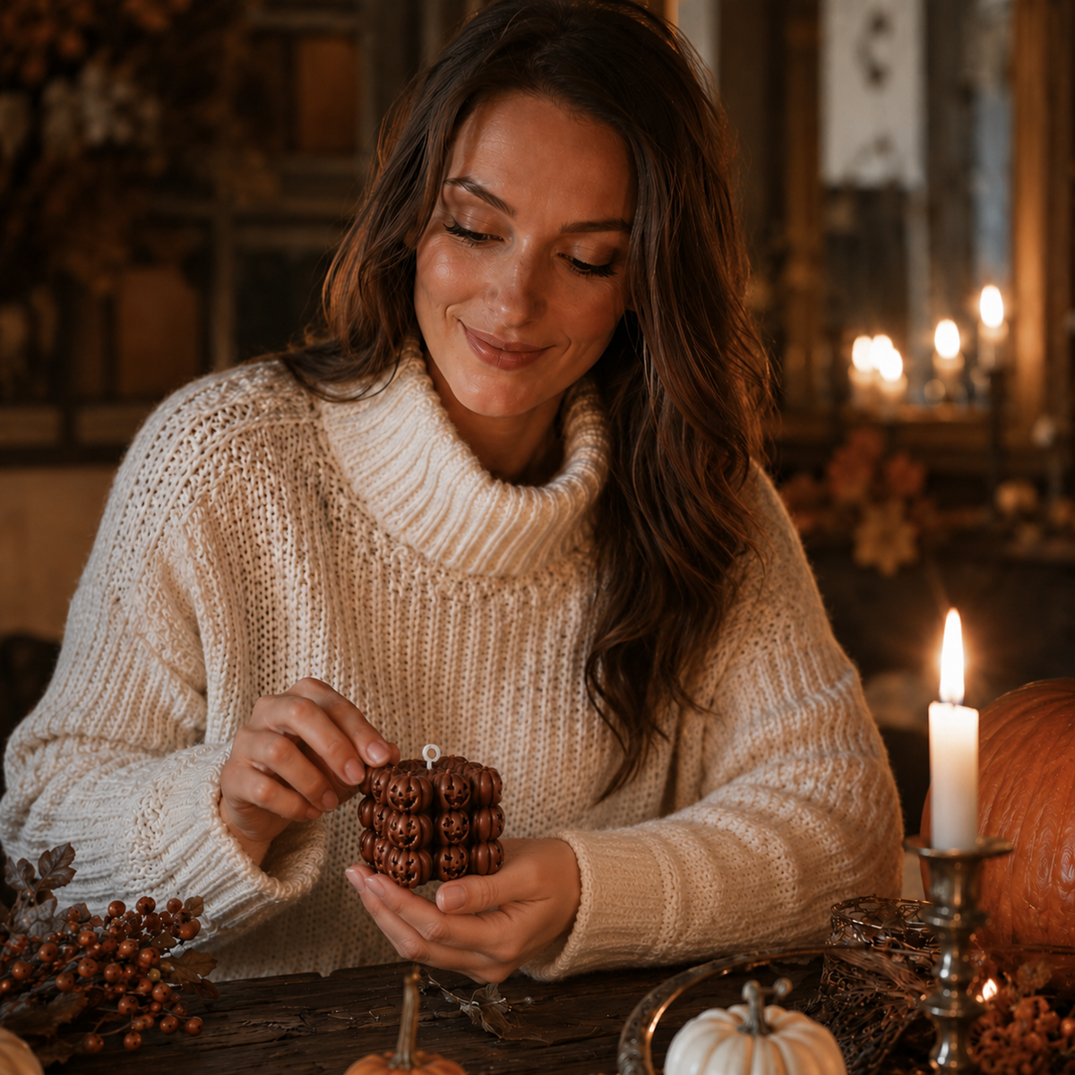 Halloween-Kürbiskerze aus Sojavvachs – Würfelform 6,5 cm - Geschenke – Saisonal – Halloween