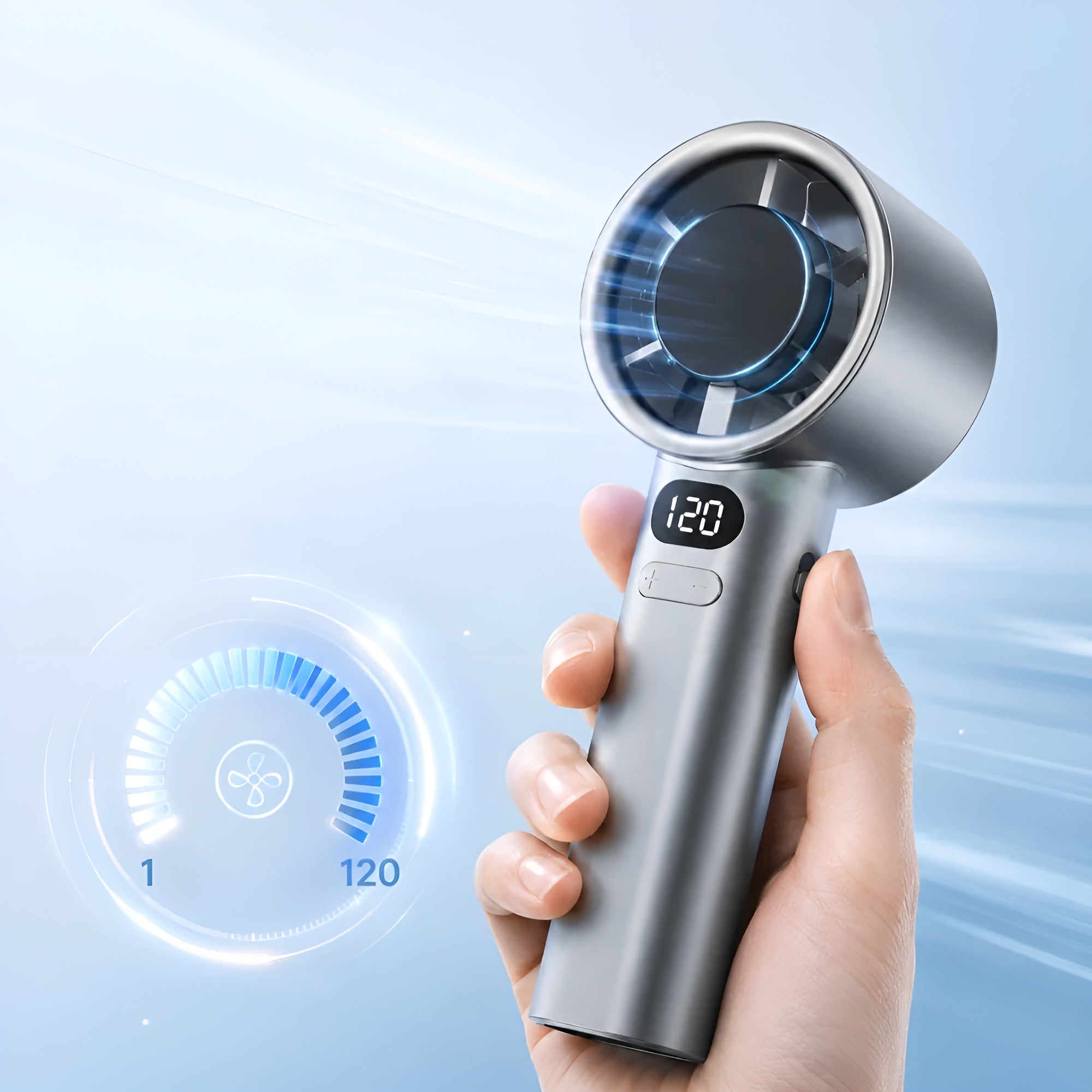 Handventilator mit Digitalanzeige – USB-Wiederaufladbar & Stufenlos Einstellbar - Handventilator