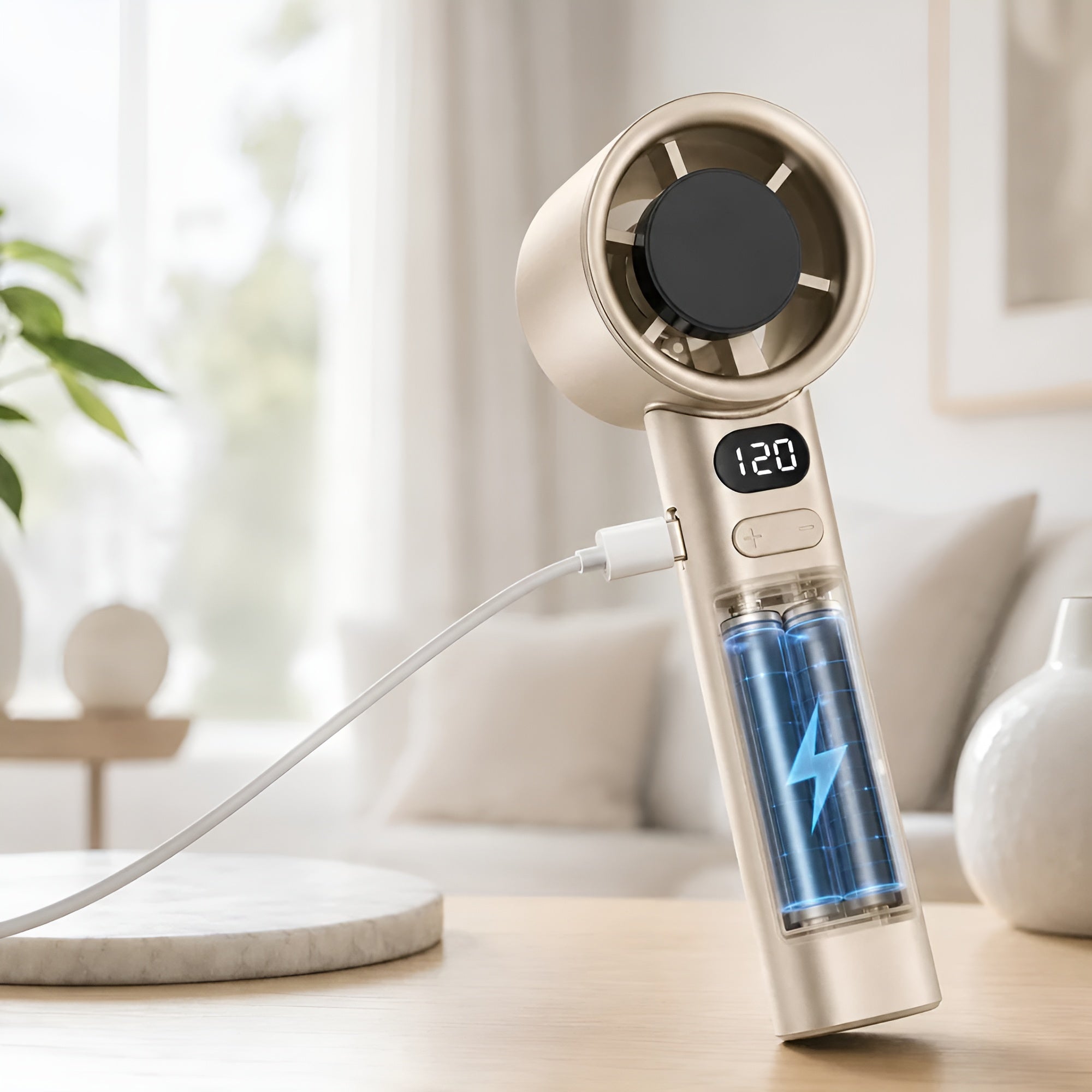 Handventilator mit Digitalanzeige – USB-Wiederaufladbar & Stufenlos Einstellbar - Handventilator