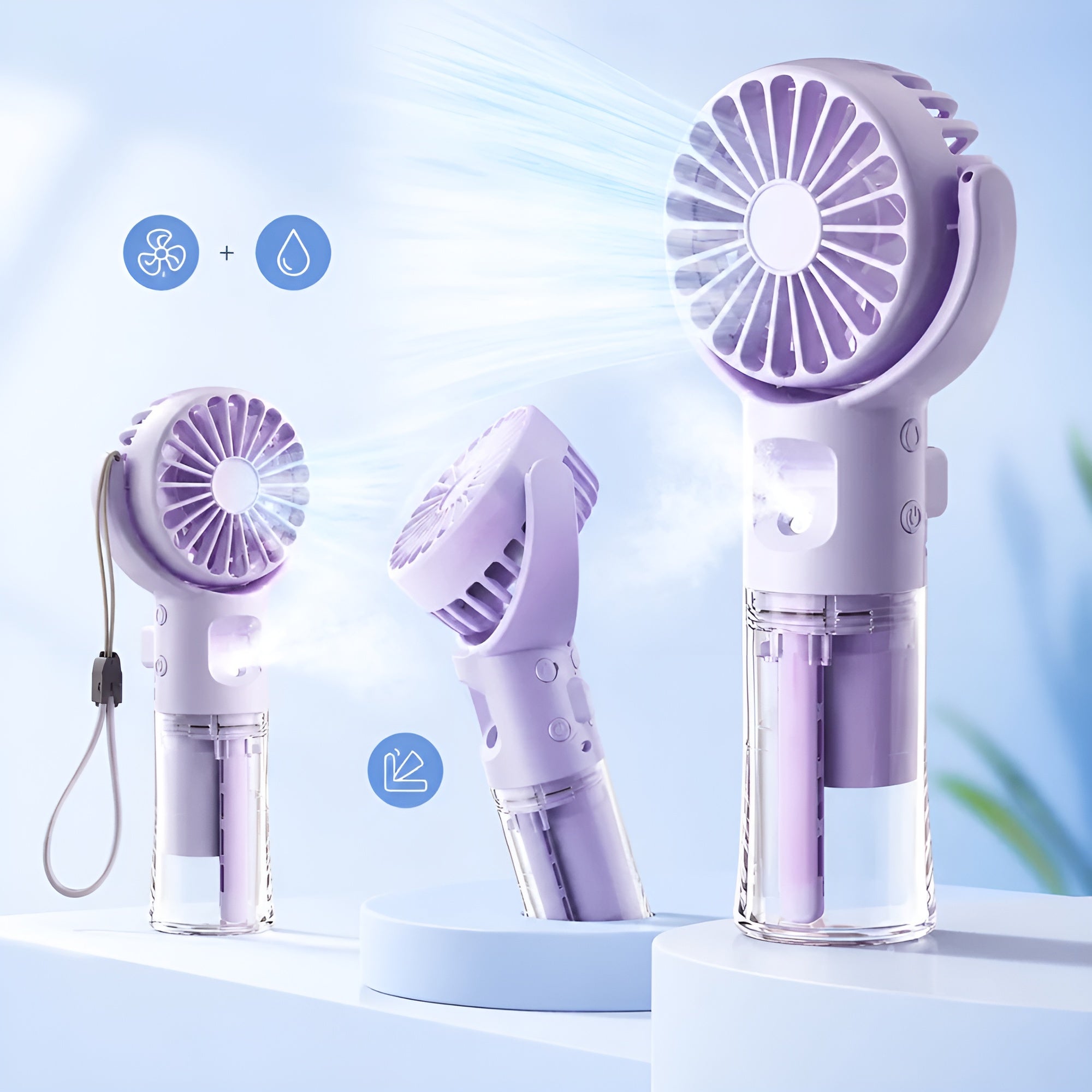 Handventilator mit Sprühfunktion – USB-aufladbar mit Drehkopf und 4 Geschwindigkeitsstufen - Handventilator