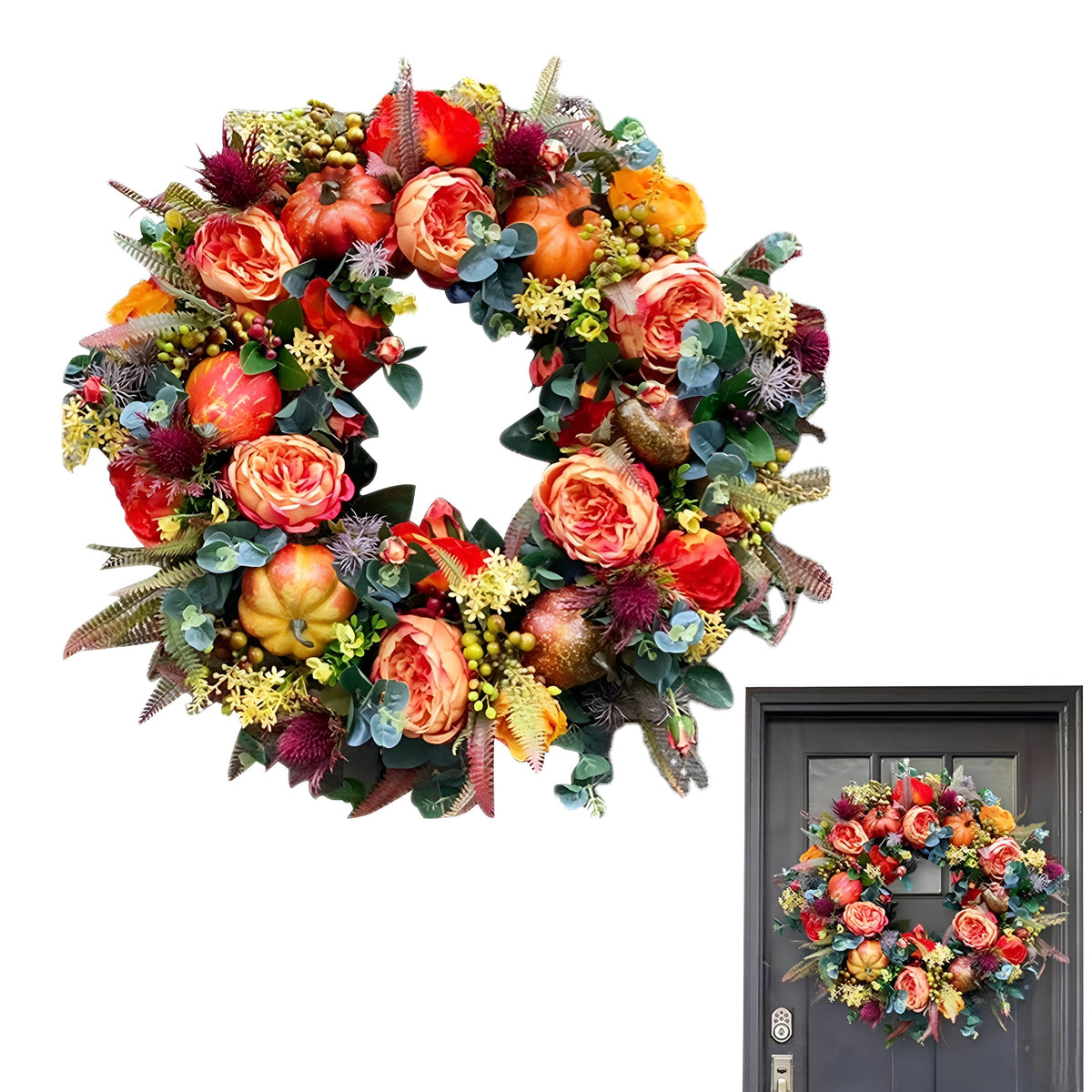 Herbstkranz mit Pfingstrosenblüten – Dekorativ und Festlich | Perfekt als Türdekoration zu Weihnachten - 40cm