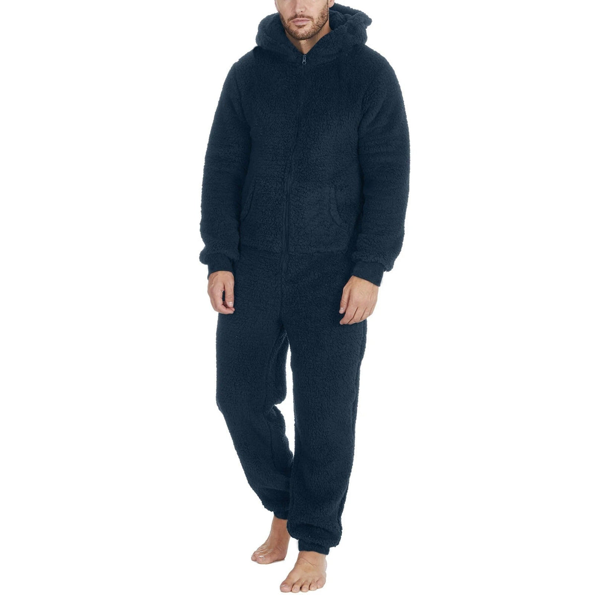 Herren Teddy-Fleece Overall mit Kapuze – Kuscheliger Einteiler - Dunkelblau / S - Herren-Overall