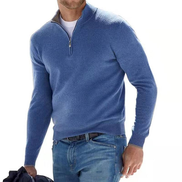 Herren Wollpullover mit Reißverschluss und Stehkragen - Blau / S - Bekleidung & Accessoires > Herrenoberbekleidung >