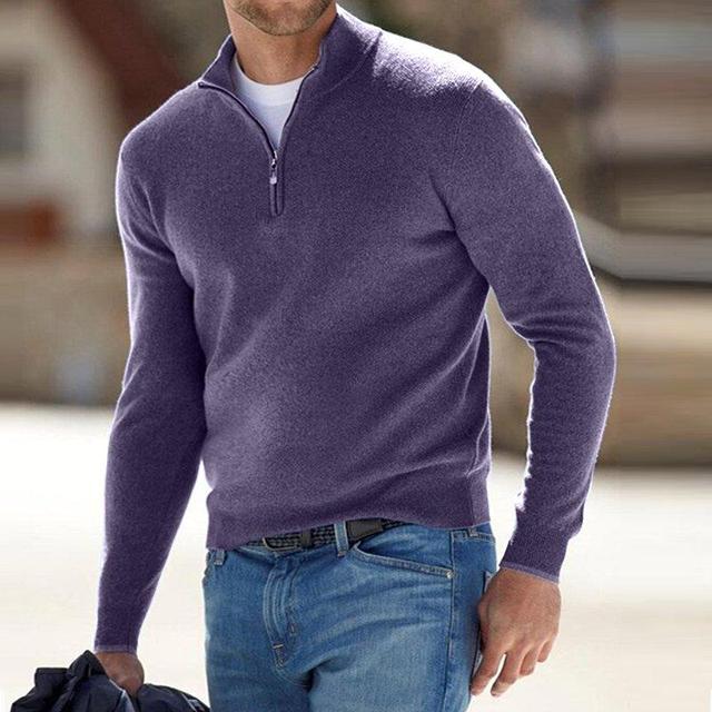 Herren Wollpullover mit Reißverschluss und Stehkragen - Lila / S - Bekleidung & Accessoires > Herrenoberbekleidung >