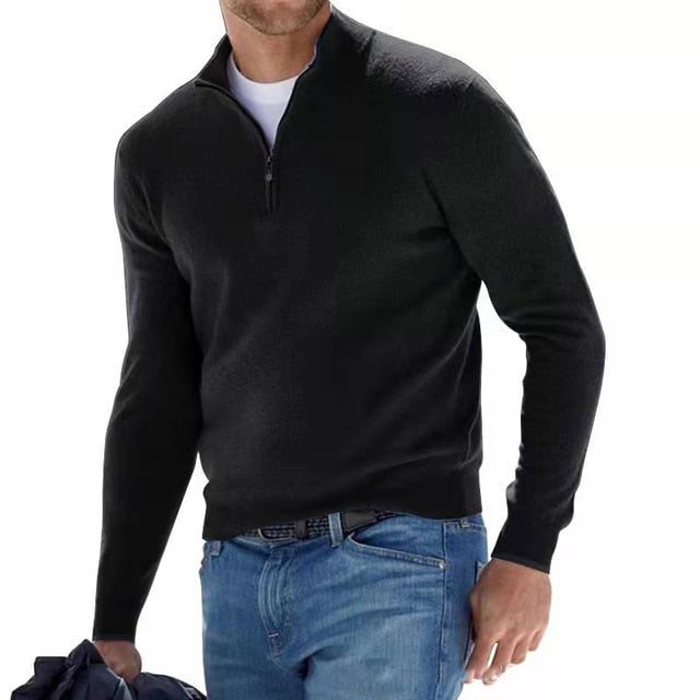 Herren Wollpullover mit Reißverschluss und Stehkragen - Schwarz / S - Bekleidung & Accessoires > Herrenoberbekleidung >