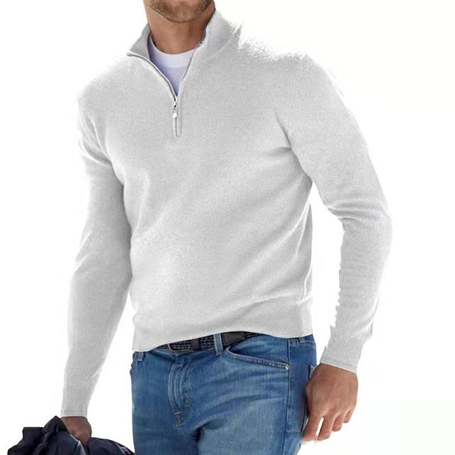 Herren Wollpullover mit Reißverschluss und Stehkragen - Weiß / S - Bekleidung & Accessoires > Herrenoberbekleidung >