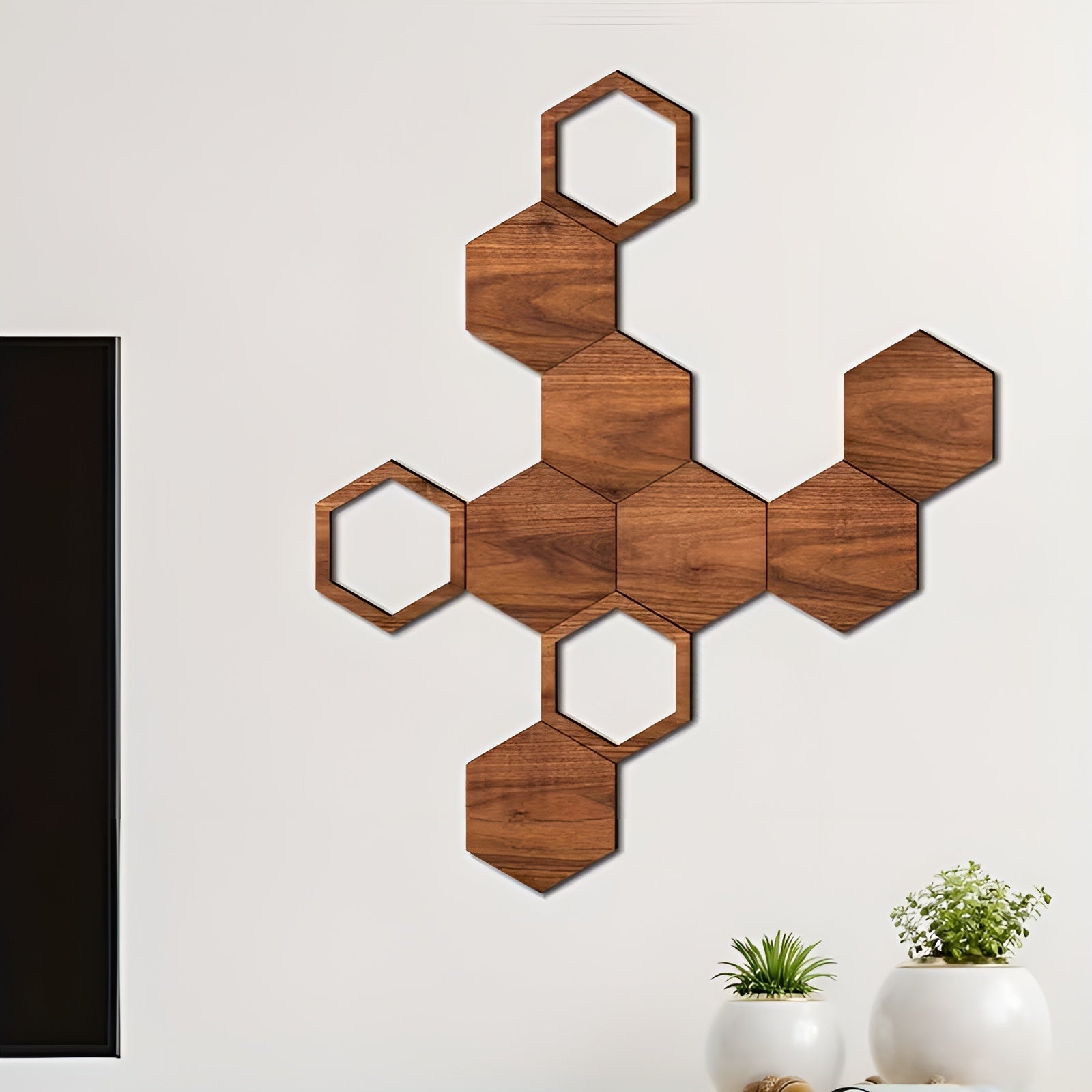 Holz Wanddeko 3D (11 Stück) – Geometrische Hexagon Wandgestaltung | Natürlich und Modern für jeden Raum - Wanddekor