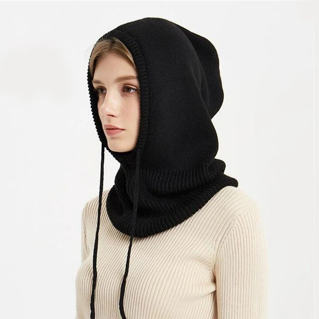 Kaschmir-Mix Strickmütze mit verstellbarem Kordelzug in Schwarz