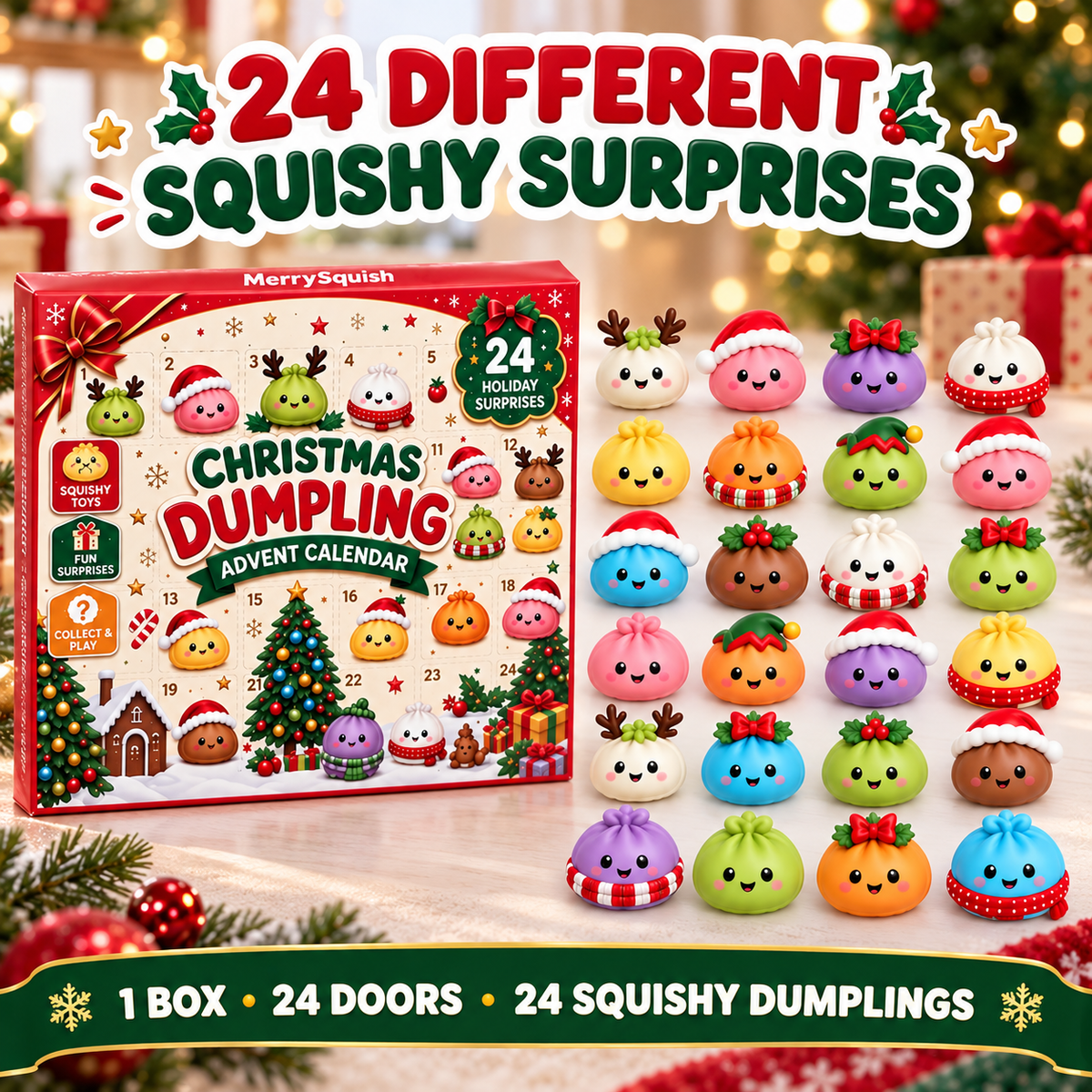 Adventskalender mit 24 Dumpling-Squishies in weihnachtlicher Geschenkbox