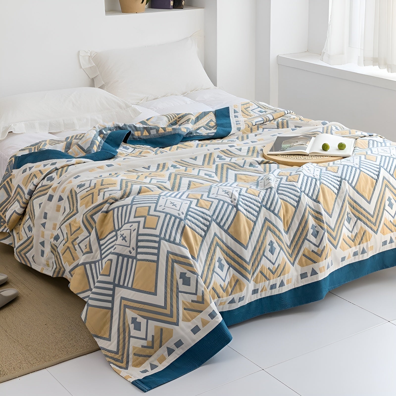 Japanische Kuscheldecke – Weiche Sofadecke für Gemütliche Wohnmomente - Azteken Gelb + Blau / 150x200cm - Decke