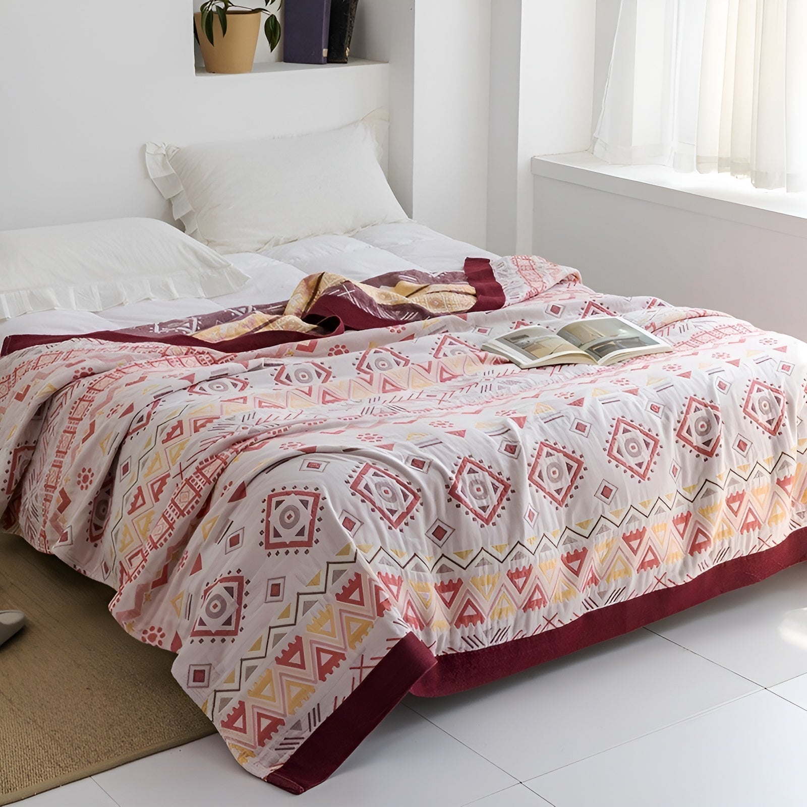 Japanische Kuscheldecke – Weiche Sofadecke für Gemütliche Wohnmomente - Patchwork Weiß + Rosa / 150x200cm - Decke
