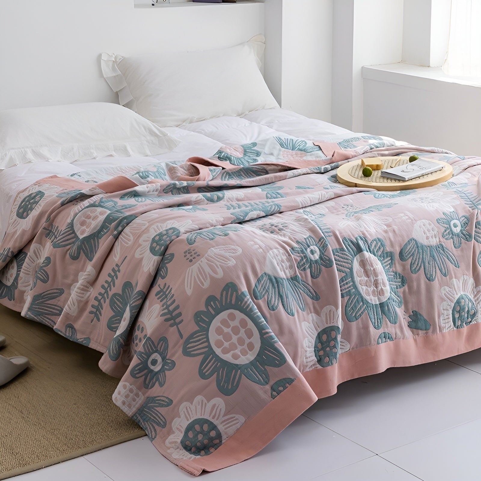 Japanische Kuscheldecke – Weiche Sofadecke für Gemütliche Wohnmomente - Sonnenblumen Rosa + Blau / 150x200cm - Decke