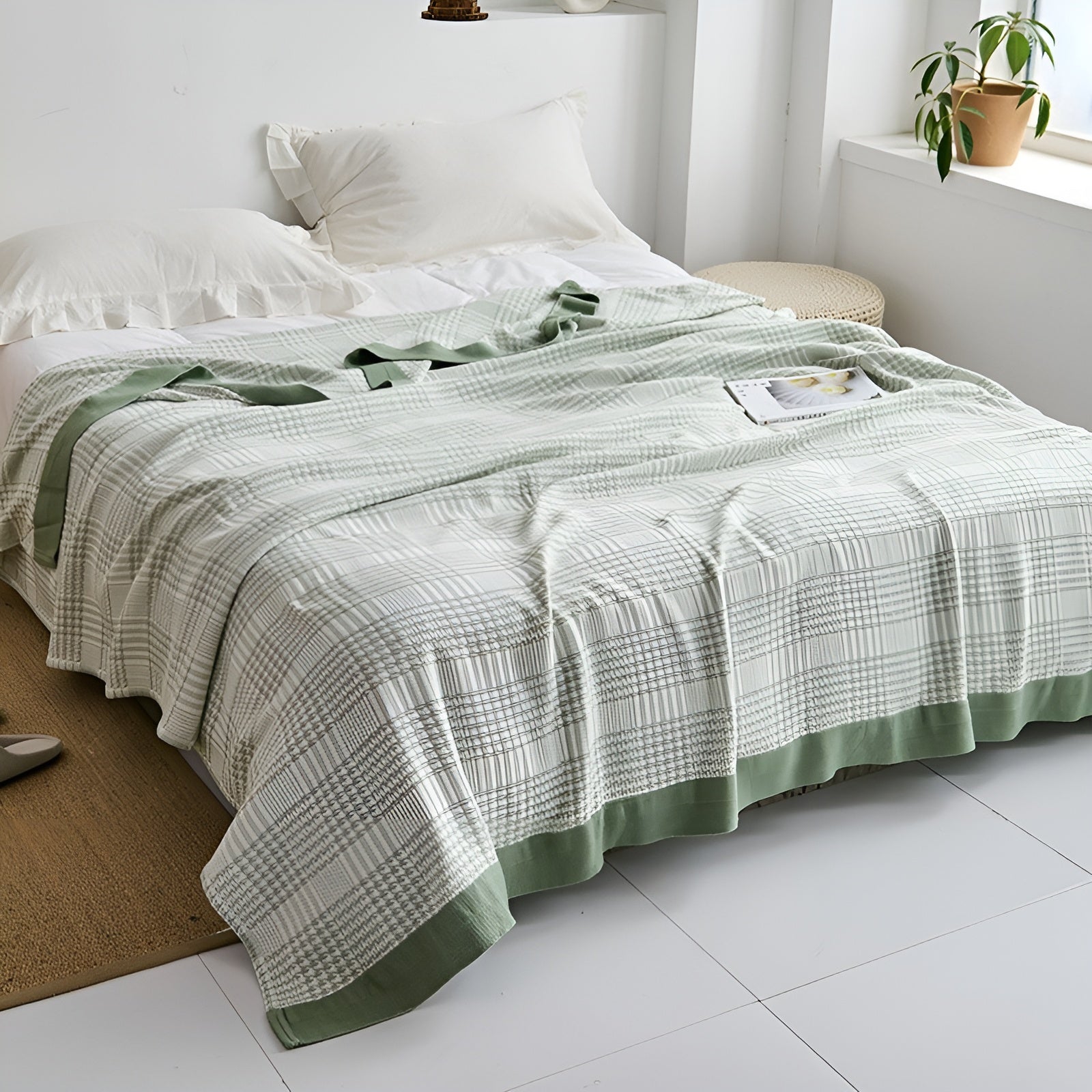 Japanische Kuscheldecke – Weiche Sofadecke für Gemütliche Wohnmomente - Hundezahn Grün / 150x200cm - Decke