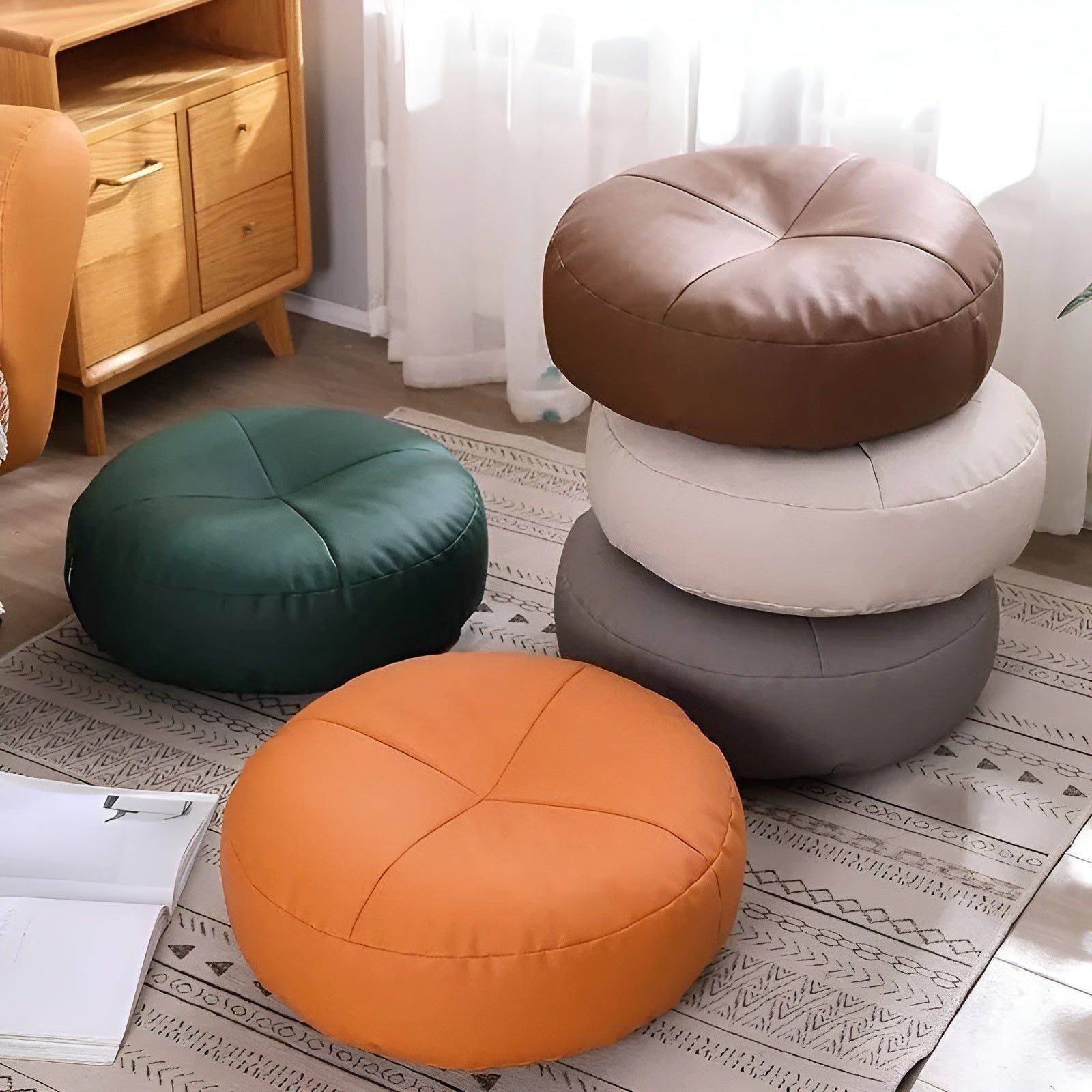 Japanisches Nappa-Leder Sitzkissen Rund – Stilvolles Sitzkissen für Wohnzimmer & Lounge - Sitzkissen
