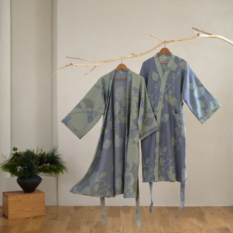 Kimono-Bademantel Damen mit Ginkgo-Muster – Wendbares Design - Bademantel