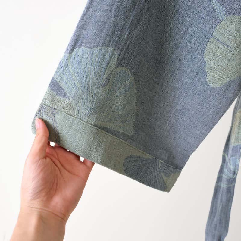 Kimono-Bademantel Damen mit Ginkgo-Muster – Wendbares Design - Bademantel
