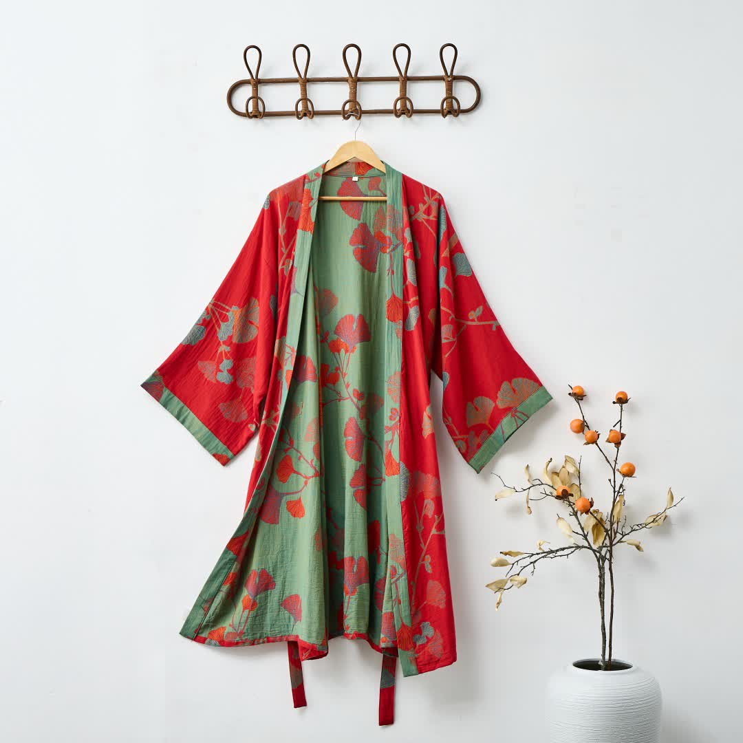 Kimono-Bademantel Damen mit Ginkgo-Muster – Wendbares Design - Rot & Grün / S - Bademantel