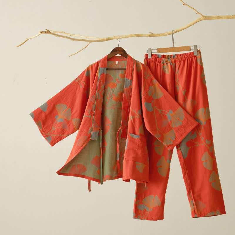 Kimono Morgenmantel Set mit Hose – großes Ginkgo-Muster aus Baumwolle - Orange / M - Lounge- und Nachtwäsche