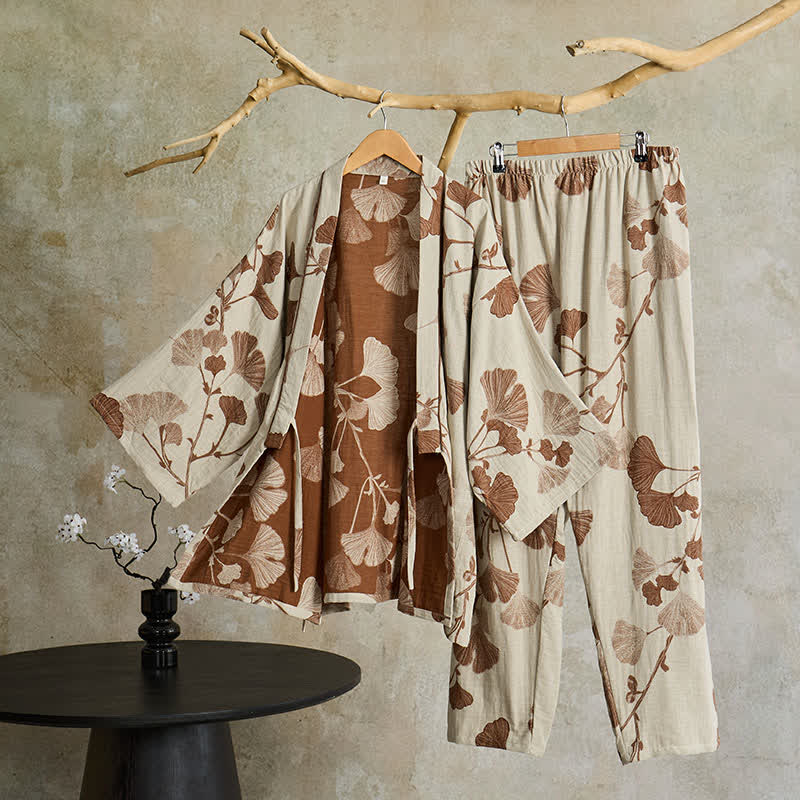Kimono Morgenmantel Set mit Hose – großes Ginkgo-Muster aus Baumwolle - Lounge- und Nachtwäsche