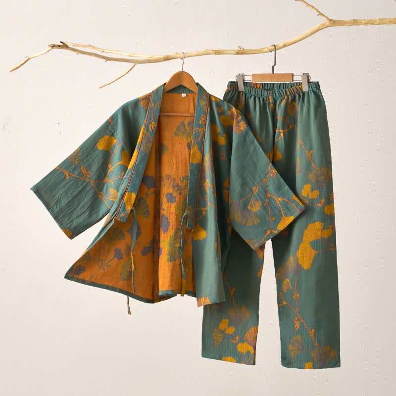 Kimono Morgenmantel Set mit Hose – großes Ginkgo-Muster aus Baumwolle - Grün/Gelb / M - Lounge- und Nachtwäsche