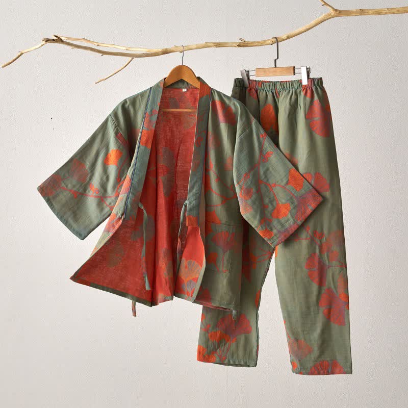 Kimono Morgenmantel Set mit Hose – großes Ginkgo-Muster aus Baumwolle - Grün/Orange / M - Lounge- und Nachtwäsche