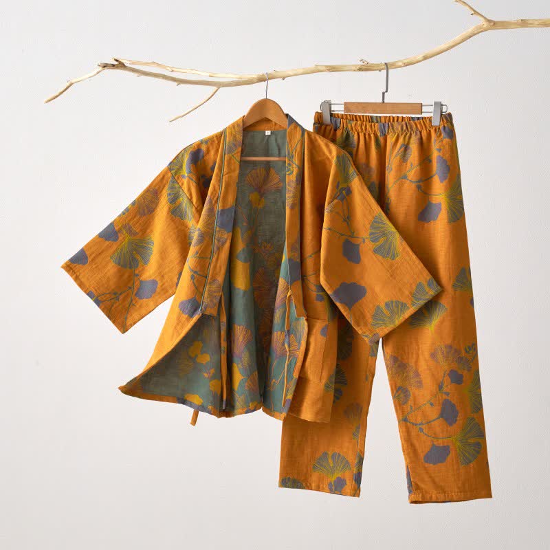 Kimono Morgenmantel Set mit Hose – großes Ginkgo-Muster aus Baumwolle - Gelb / M - Lounge- und Nachtwäsche