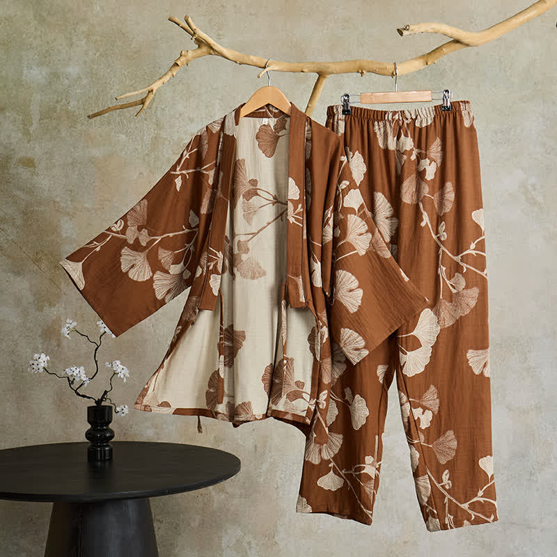 Kimono Morgenmantel Set mit Hose – großes Ginkgo-Muster aus Baumwolle - Lounge- und Nachtwäsche