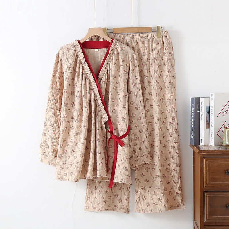 Kimono Pyjama Damen – Baumwolle mit Blumenprint - Beige / M - Loungewear