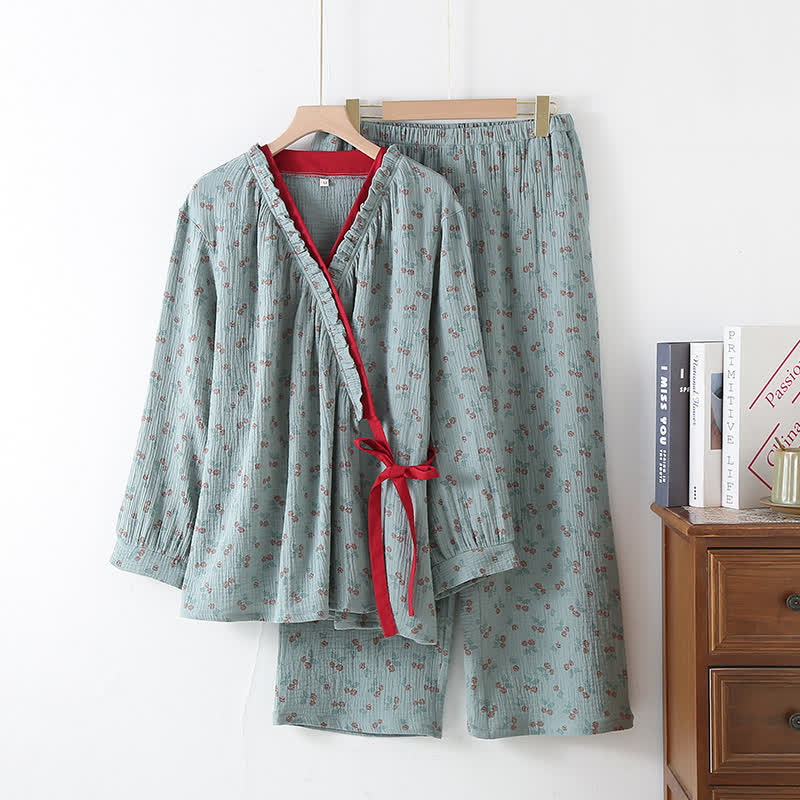 Kimono Pyjama Damen – Baumwolle mit Blumenprint - Blaugrün / M - Loungewear