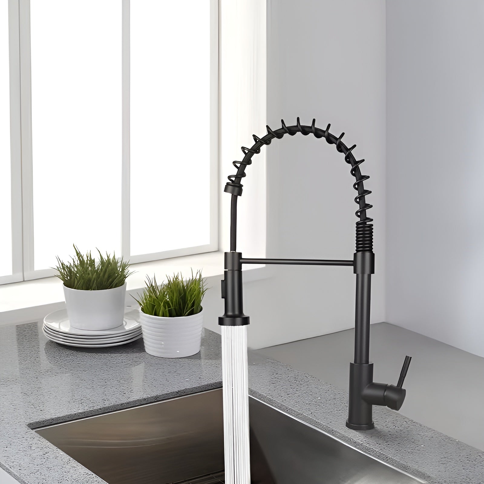 Küchenarmatur mit Brause – Hochdruck Wasserhahn mit Ausziehfunktion | 360° schwenkbar Edelstahl in Schwarz oder Weiß
