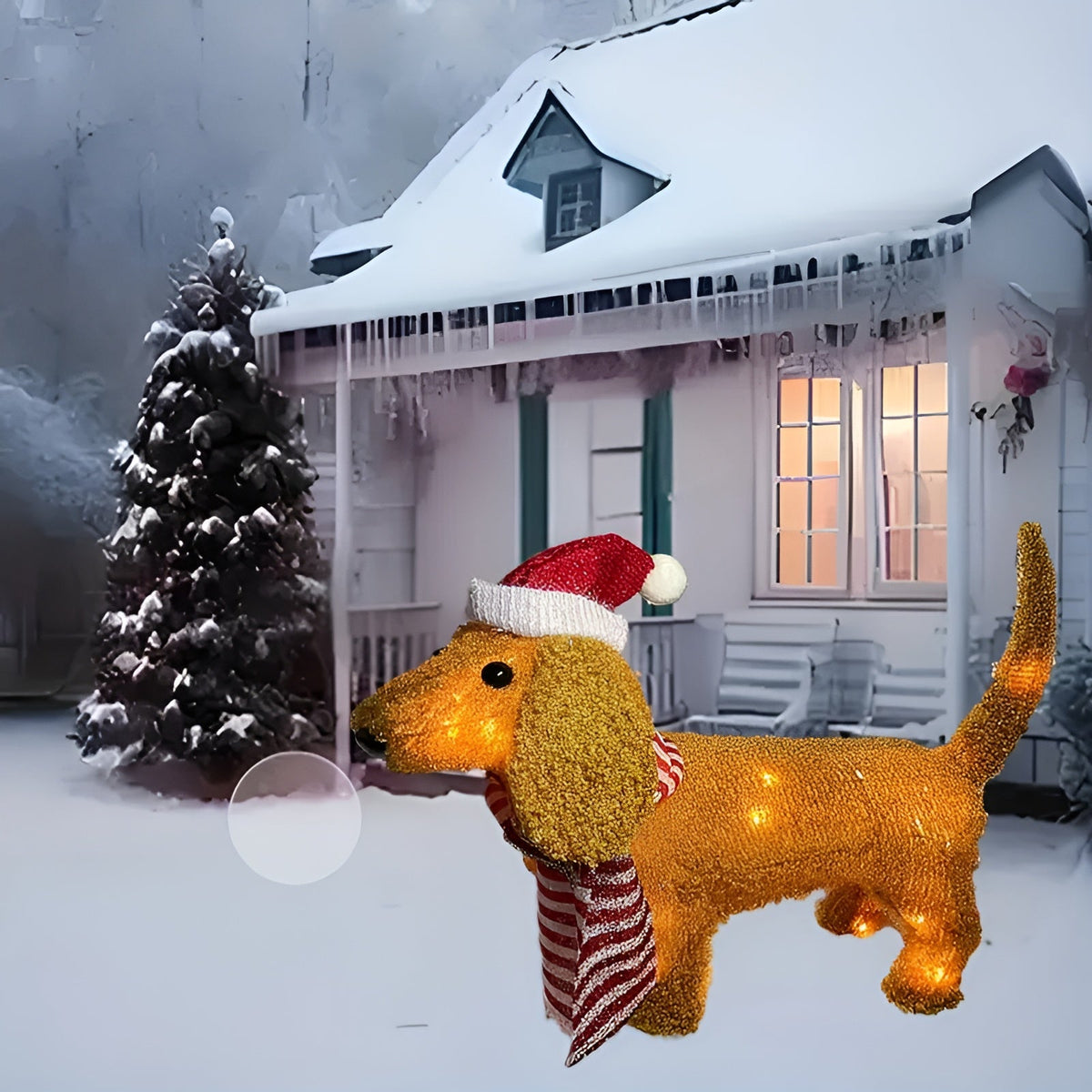 LED Dackel Figur mit roter Mütze – Leuchtende Hundedeko für Weihnachten | Perfekt für Haus & Garten - Gelb - Skulptur
