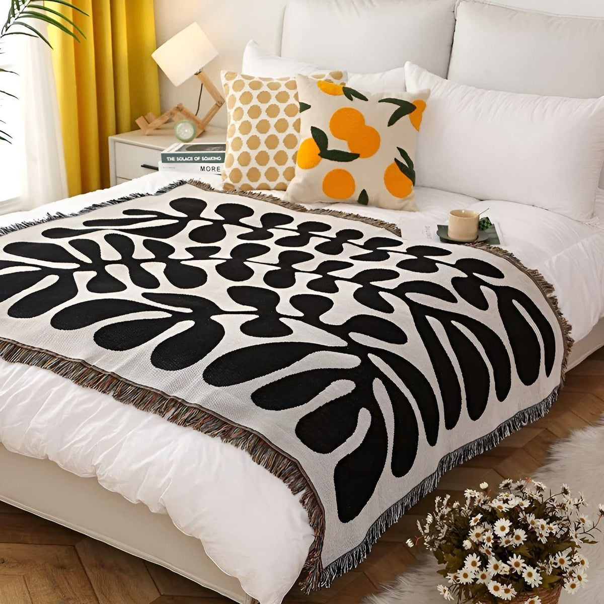 LeopardLuxe Blanket - Multifunktionale Leopard-Wurfdecke mit Cobertor-Tasseln - Schwarze Blätter / 130x160cm - Decke