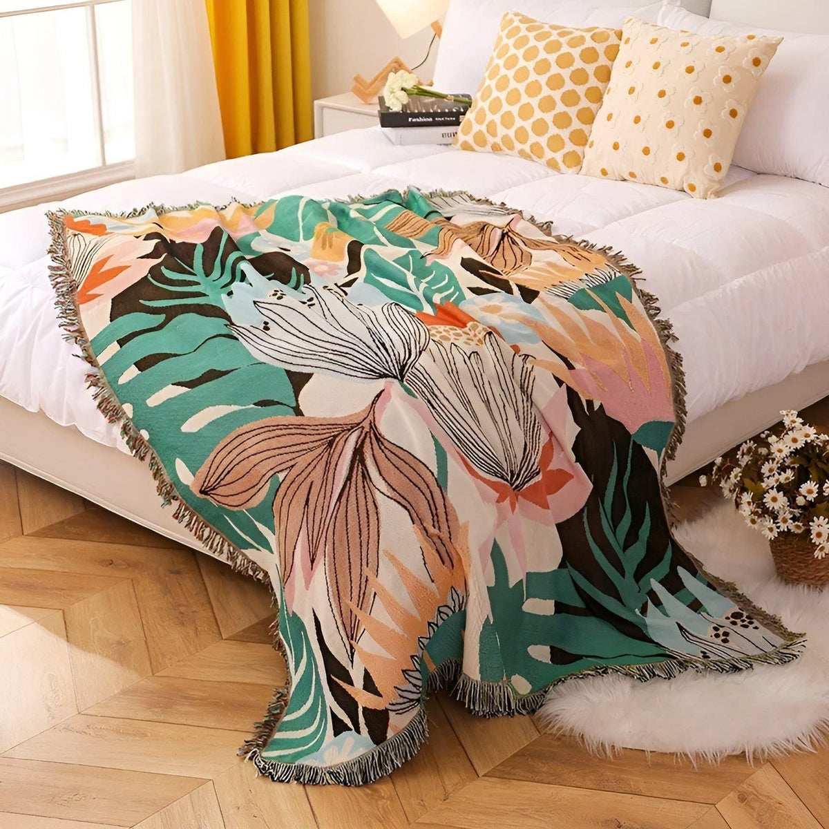LeopardLuxe Blanket - Multifunktionale Leopard-Wurfdecke mit Cobertor-Tasseln - Blühende Lutos / 130x160cm - Decke