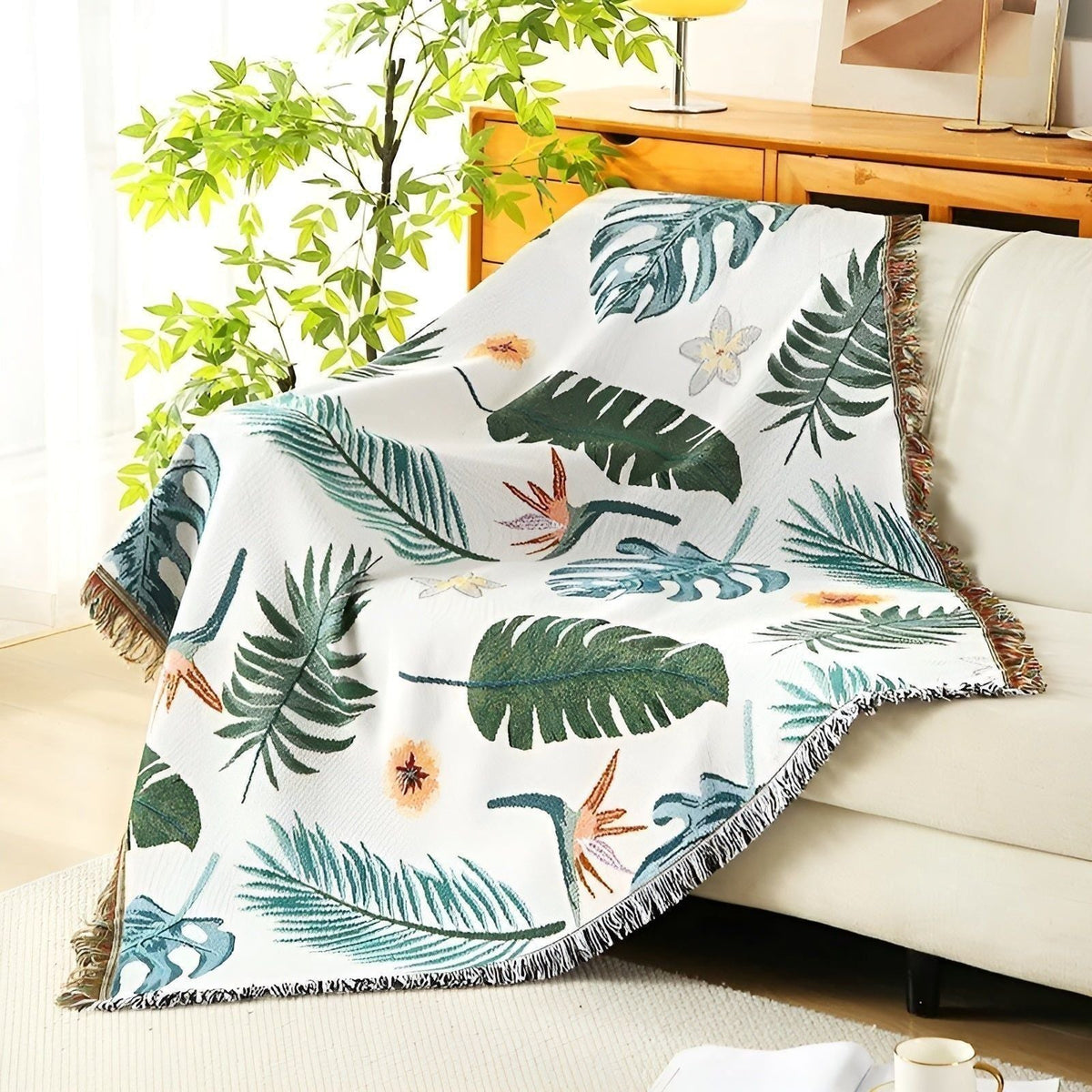 LeopardLuxe Blanket - Multifunktionale Leopard-Wurfdecke mit Cobertor-Tasseln - Banna-Blätter / 130x160cm - Decke