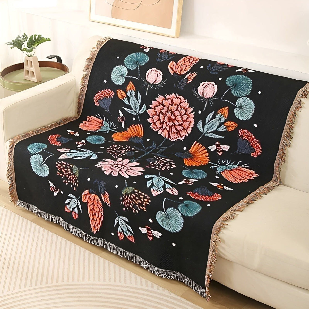 LeopardLuxe Blanket - Multifunktionale Leopard-Wurfdecke mit Cobertor-Tasseln - Floral Schwarz / 130x160cm - Decke