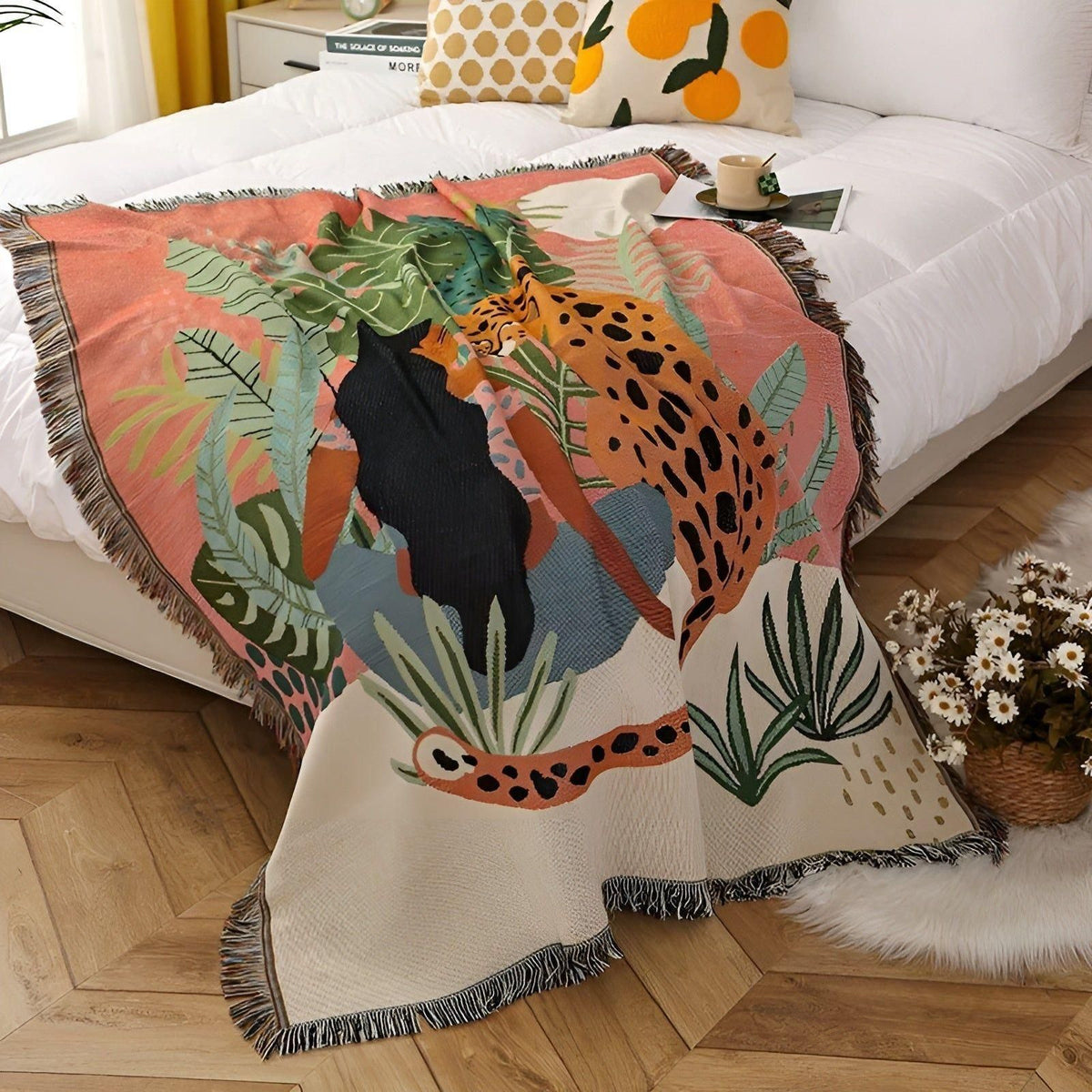 LeopardLuxe Blanket - Multifunktionale Leopard-Wurfdecke mit Cobertor-Tasseln - Rosa Leopard / 130x160cm - Decke