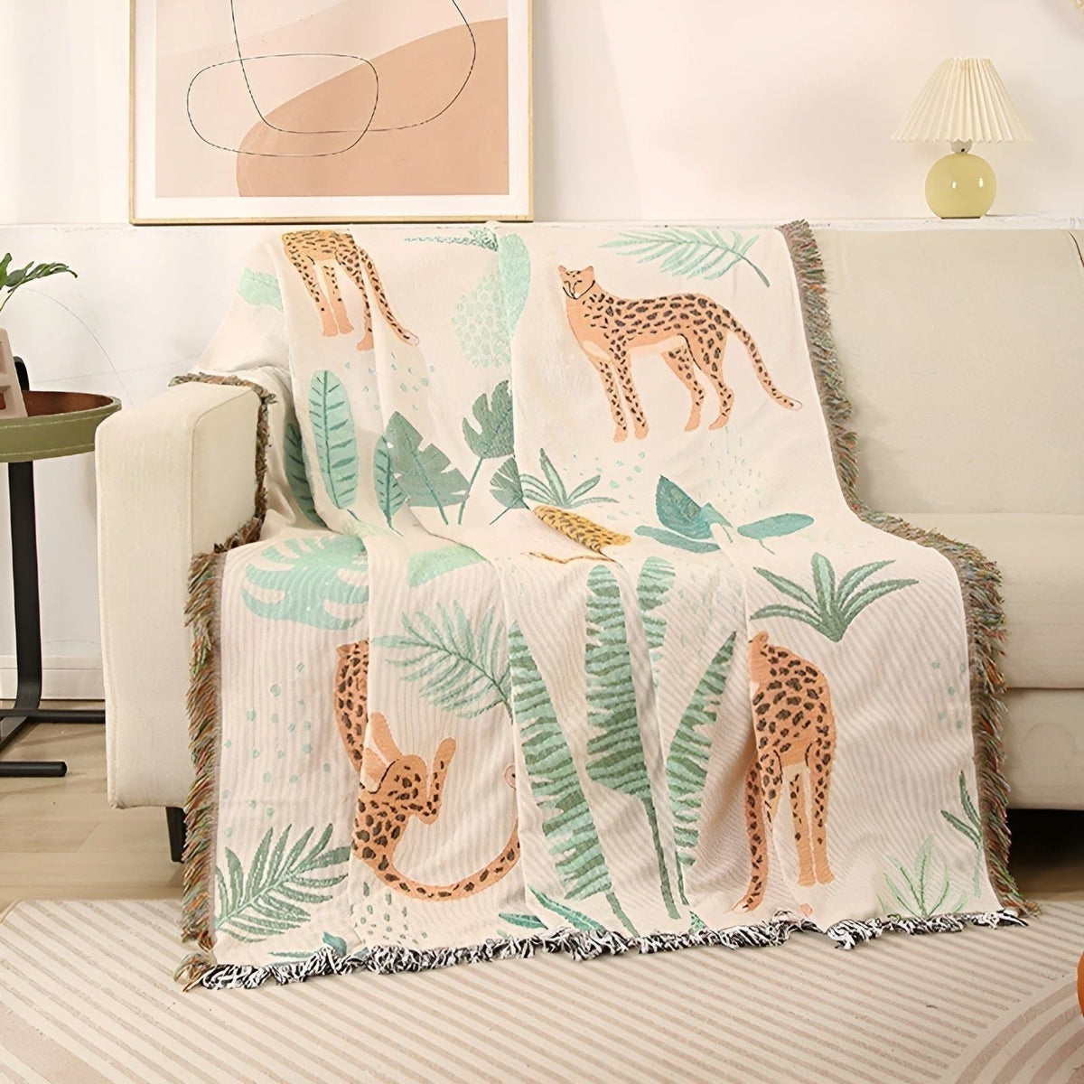 LeopardLuxe Blanket - Multifunktionale Leopard-Wurfdecke mit Cobertor-Tasseln - Blätter Leopard / 130x160cm - Decke