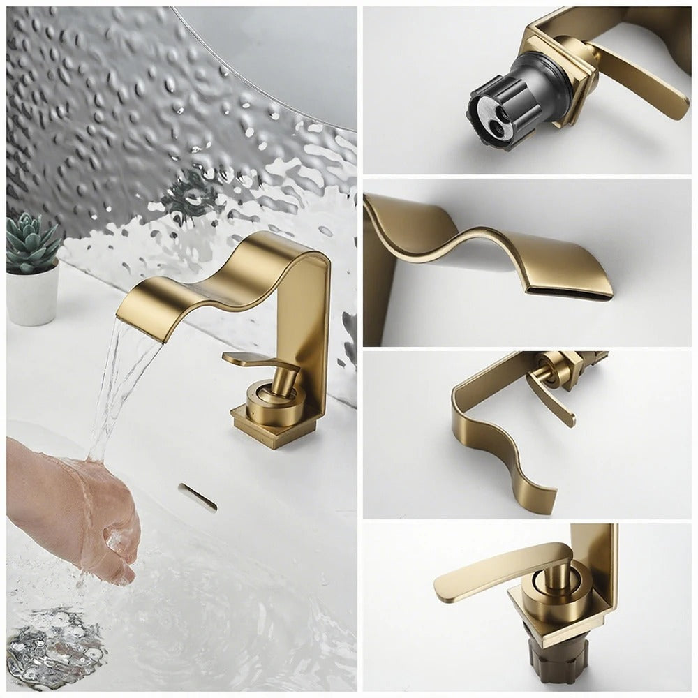 Luxuriöse Waschtischarmatur – Elegantes Wasserfall-Design | Hochwertige Badarmatur aus gebürstetem Messing