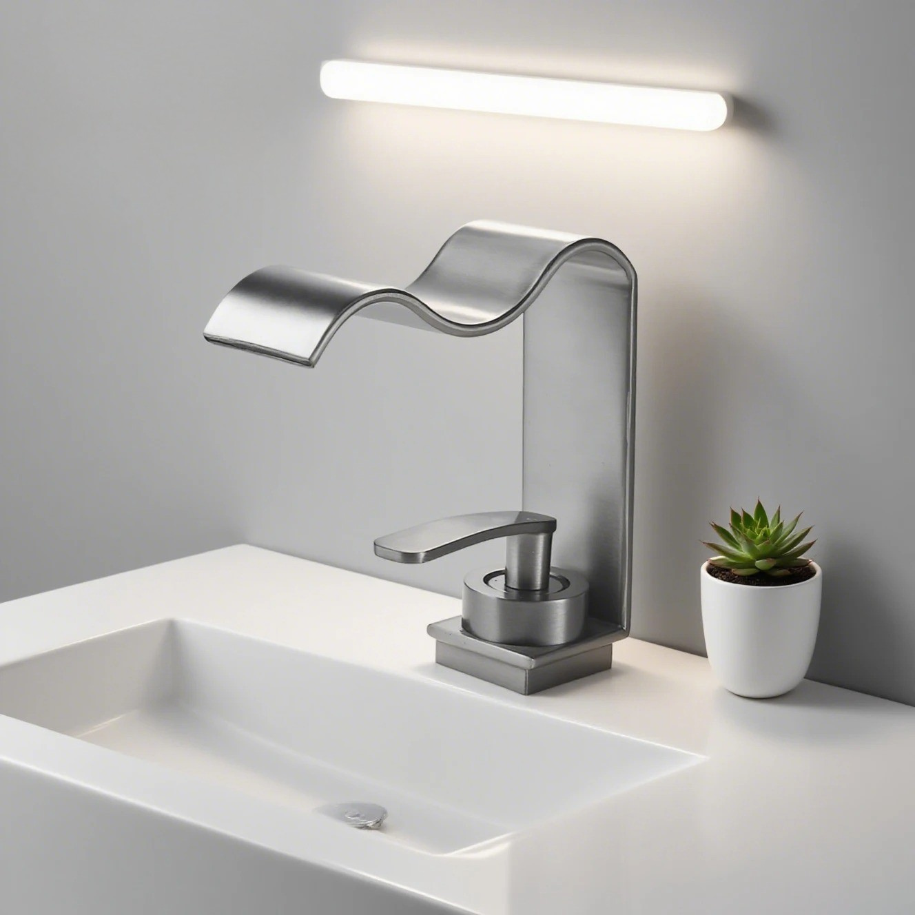 Luxuriöse Waschtischarmatur – Elegantes Wasserfall-Design | Hochwertige Badarmatur aus gebürstetem Messing - Mattgrau