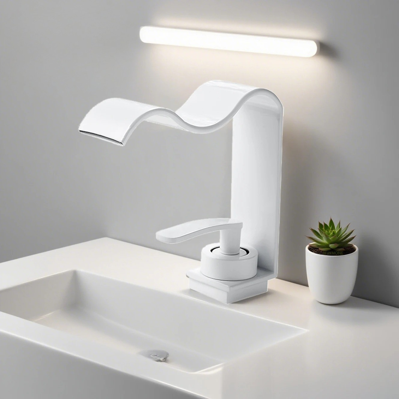 Luxuriöse Waschtischarmatur – Elegantes Wasserfall-Design | Hochwertige Badarmatur aus gebürstetem Messing - Weiß