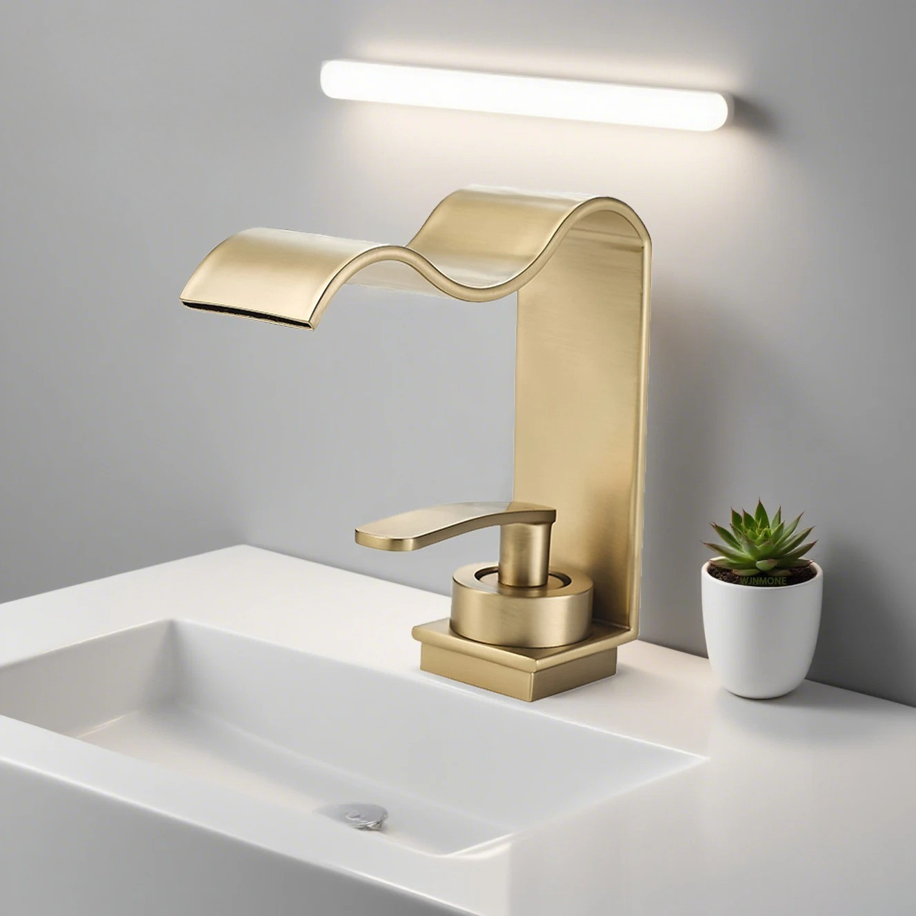 Luxuriöse Waschtischarmatur – Elegantes Wasserfall-Design | Hochwertige Badarmatur aus gebürstetem Messing - Gold